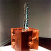 Abstract sculpture with bronze vortex and redwood
